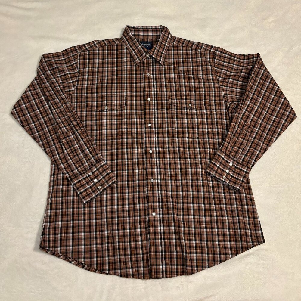 Wrangler Western Shirt Mens XL Brown Plaid Long Sleeve Pearl Snap Up Vintage